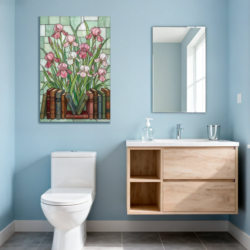 Plantes et fleurs, vitrail, iris et livres
