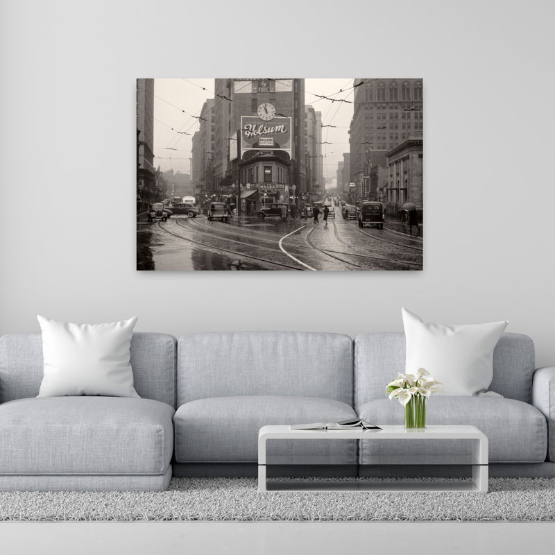 1930s 1940s RAINY DAY PEDESTRIANS CARS TROLLY TRACKS INTERSECTION PEACHTREE STREET AND FORSYTH BUSINESS DISTRICT ATLANTA GA USA 1 Piece Wrapped Canvas Wall Art