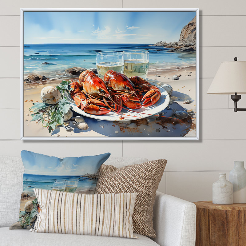 Assiette plate homard avec vue sur l'océan, Cadre flottant blanc, 30" H x 40" W