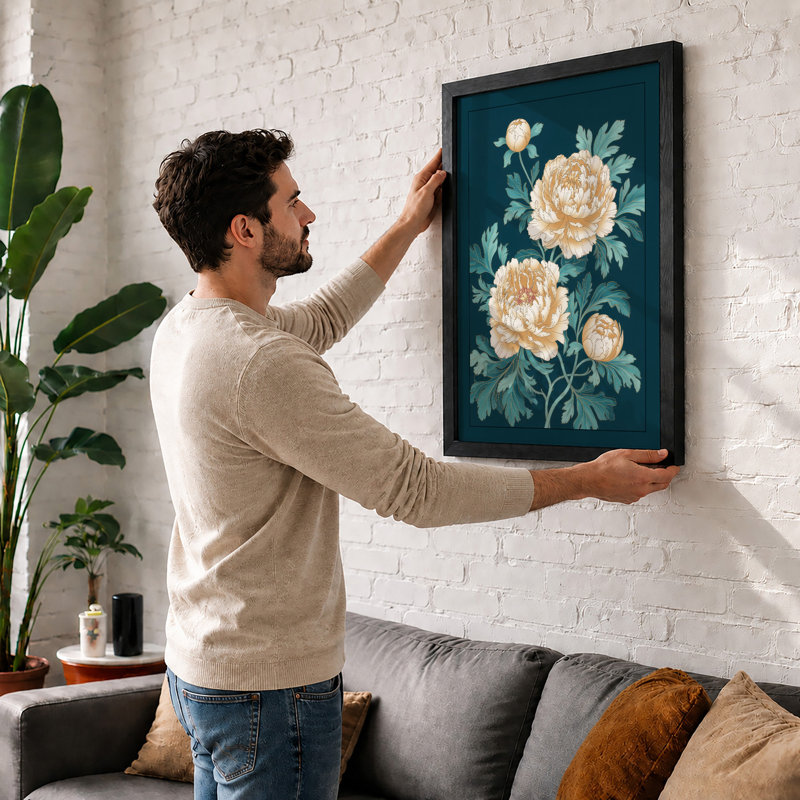 Peonies In Teal Botanical - Print, A1 - 84.1 x 59.4 cm, Black