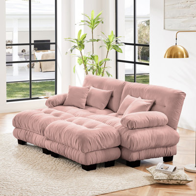 Pink Chenille For Living Room: 2 Seater With Cloud Look Cushions, Matching Ottomans And Pillows - Comfortable Seating Option Couch Sleeper Lumbar Pillows, Throw Exquisite Design, Head Rest