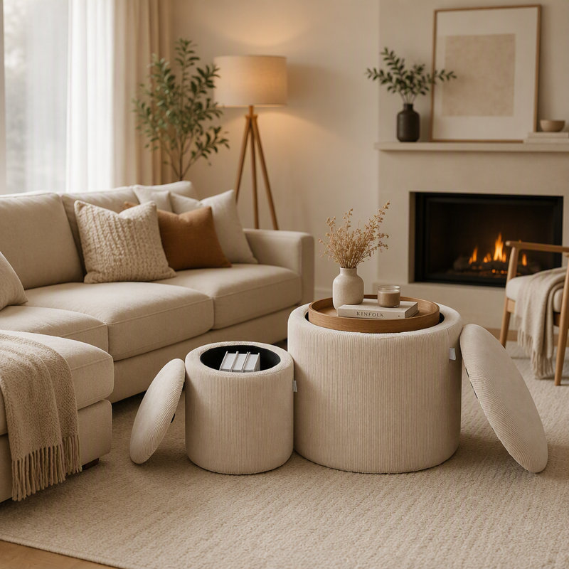 Ensemble de 2 tabourets de rangement en velours côtelé, repose-pieds avec couvercle en bois amovible et espace de rangement caché