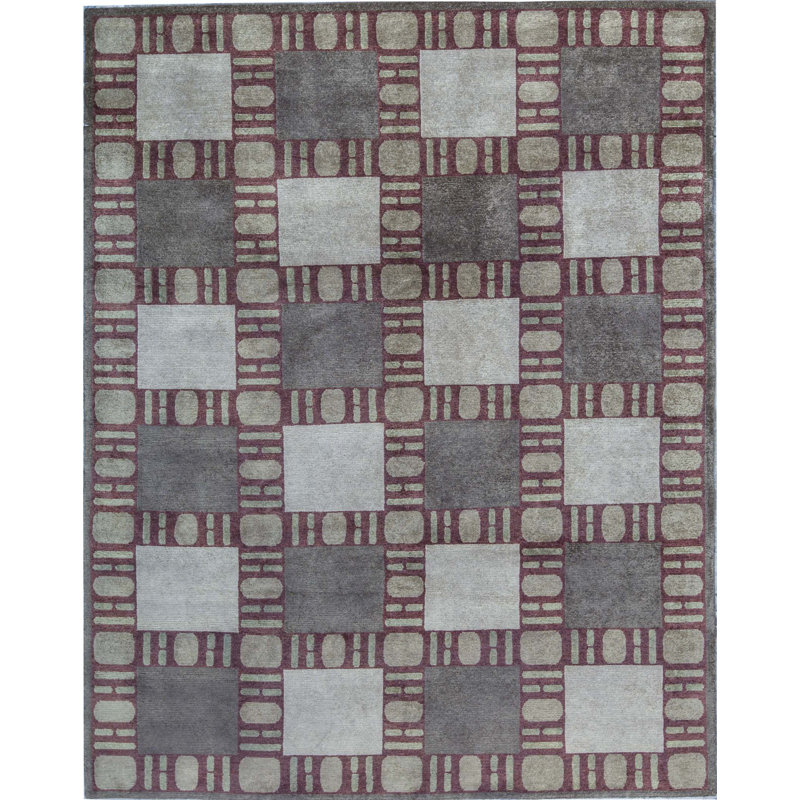 Tapis gris et rouge noué à la main de haute qualité
