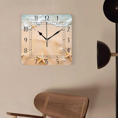 Horloge murale décorative Horloges carrées silencieuses de 10 pouces pour la cuisine du salon à la maison, motif créatif d'étoile de mer à la plage de sable