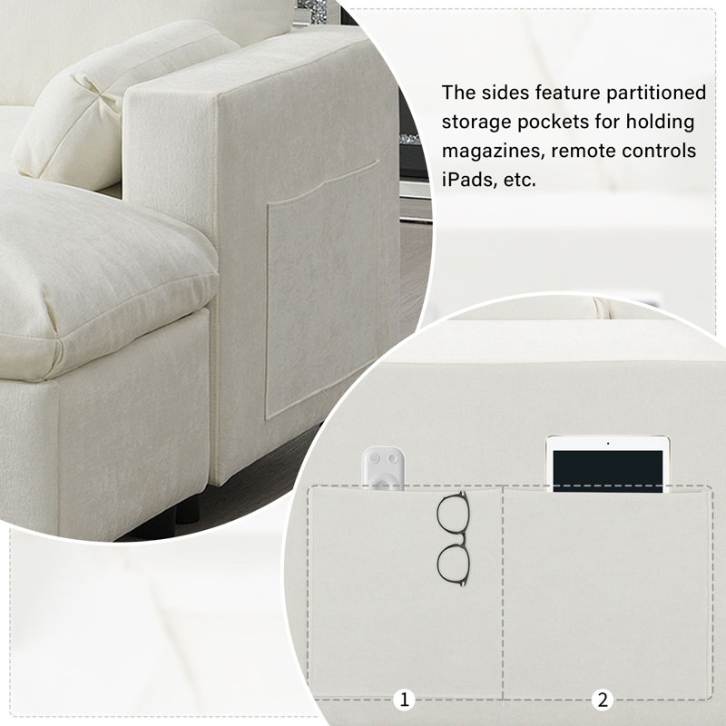 86.5'' Chenille Modular Sectional Sofa with Storage Pockets, 5 Seat U Shaped Couch Set with 2 Movable Ottoman, White