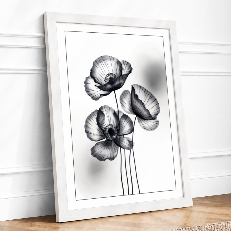 Poppies in Ink Botanical - Framed Print, A3 - 42.0 x 29.7 cm, White