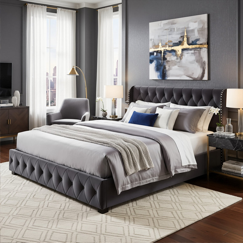 EU Double & King (140/160X200cm) Luxury Velvet Hydraulic Ottoman Bed, Storage Frame With Wingback Button Tufted Headboard, Dark Grey 