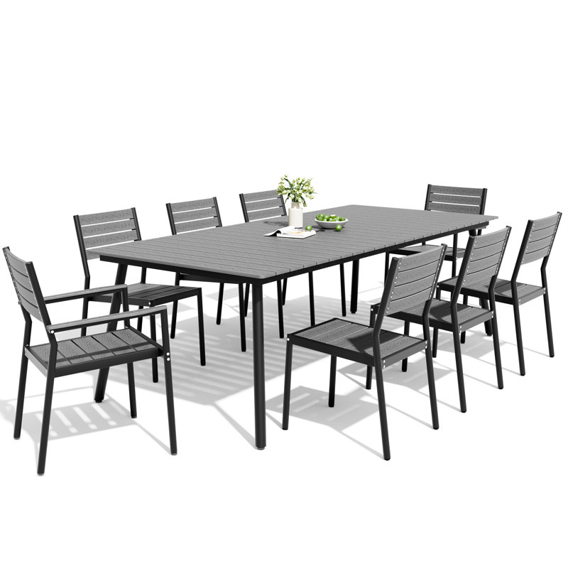 Ensemble repas pour 8 personnes en aluminium avec trou pour parasol et chaises empilables, Gris foncé