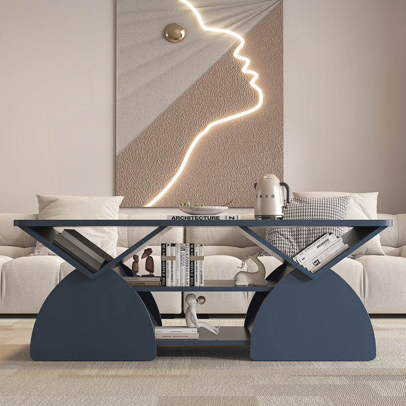 Modern Blue Rectangular Coffee Table With Rounded Corners, Open Storage Shelves & Sturdy Frame – Easy Assembly Geometric Design Table For Living Or Reception Room 