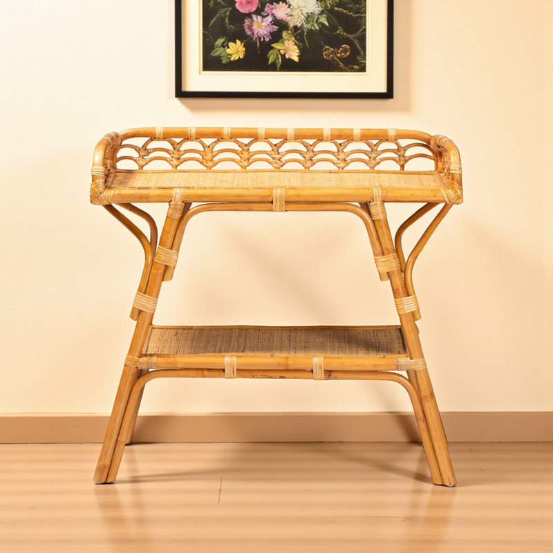 Tarah 1-Open Shelf 2-Tier Console Table in Natural Rattan, 29.25" H X 31.74" W X 13.62" D