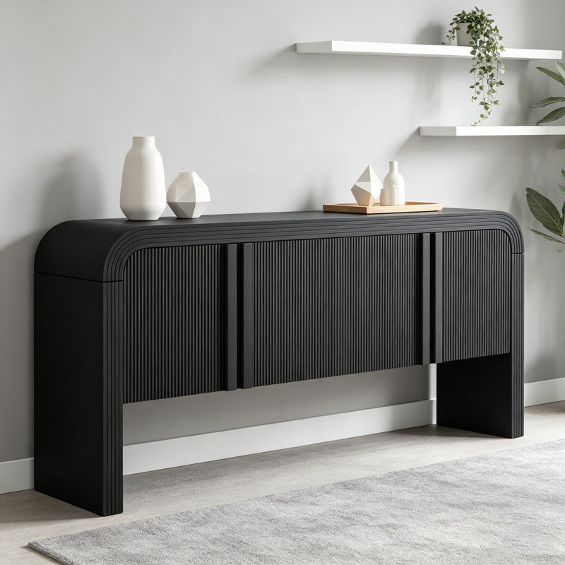 Console de 62,2 po à motif ondulé rustique avec 4 portes et tablette réglable, canapé courbé pour le salon, le vestibule et le couloir