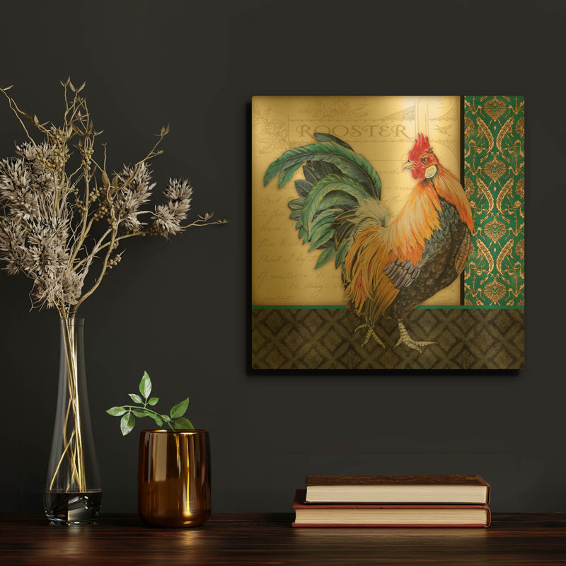 «Damask Rooster A» par Jean Plout, art mural en métal doré, 12 po x 12 po, 12"x12"