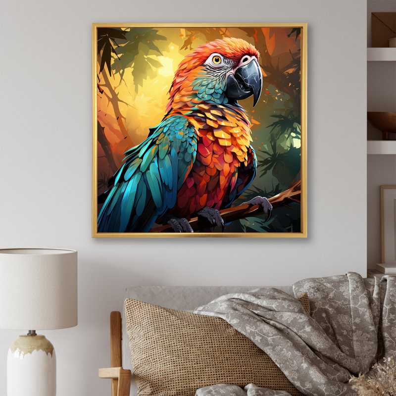 «Orange and Blue Jungle Parrot Paradise I», art mural perroquet, Cadre flottant doré, H 16 po x l 16 po x P 1 po