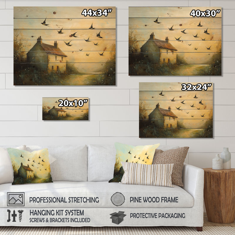 Farmhouse Swallows Brid In The Morning Light II - Bird Wood Wall Art - On Natural Pine Wood, 24" H x 32" W x 0.78" D