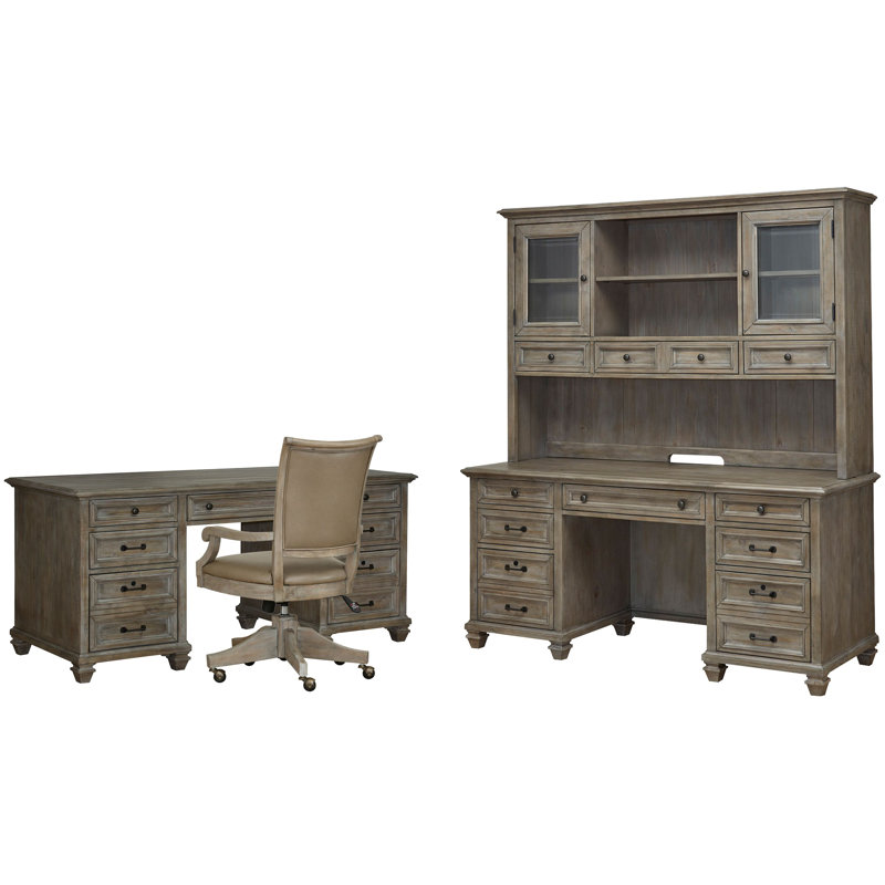 Executive Desk With Chair Credenza And Hutch, 3 Pieces: Desk, Chair, Credenza and Hutch, Dovetail Gray