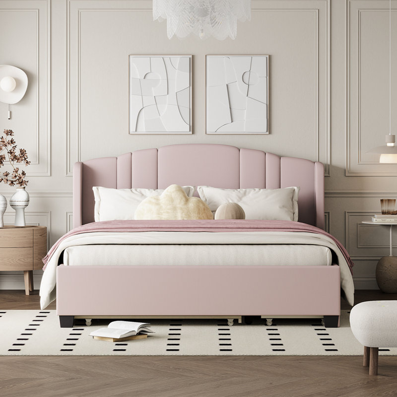 Lit plateforme tapissier Shroyer avec lit gigogne simple et 2 tiroirs, Rose