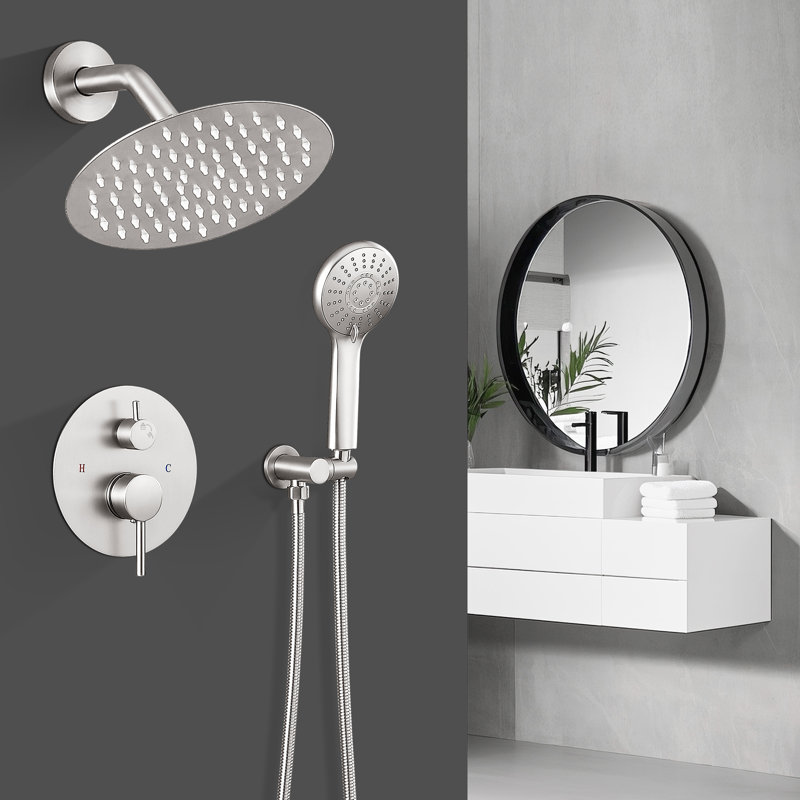 Modern Round Shower System, Rain Shower Head with Handheld Spray, Shower Faucet Set, Brushed Nickel
