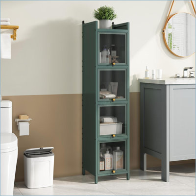 Cabinets, Modern Forest Green Iron + Glass Four-tier Glass Door Cabinet with Five-tier Storage | 13.8Lx14.2Wx60.6H | Contemporary | Entryway