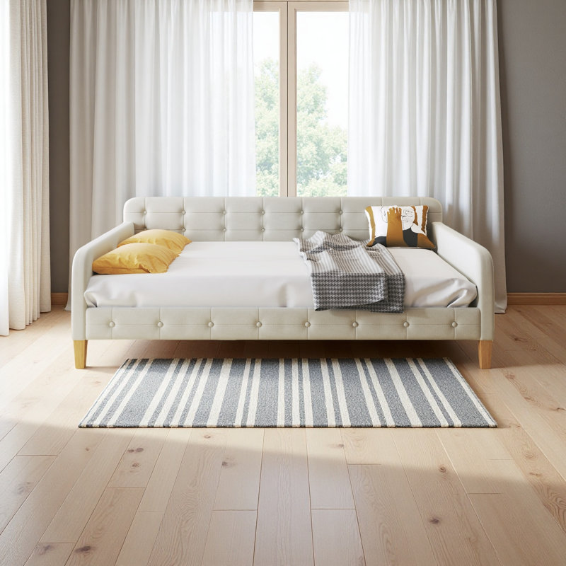 Lit de jour rembourré avec 4 pieds de soutien, Beige, Complet/Double