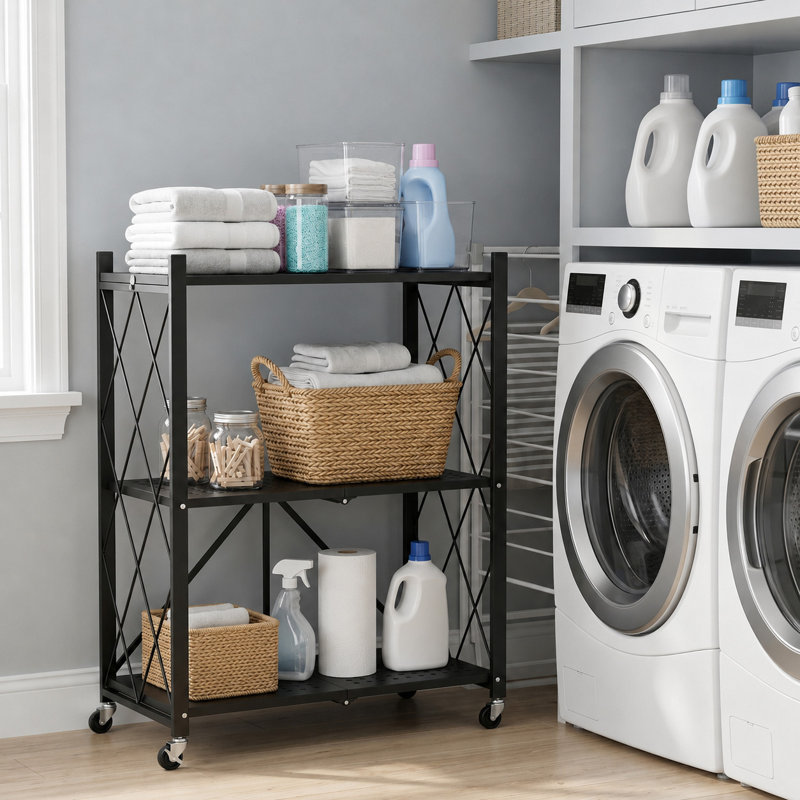 Étagère de rangement pliable à 3 niveaux avec roulettes verrouillables, étagère roulante