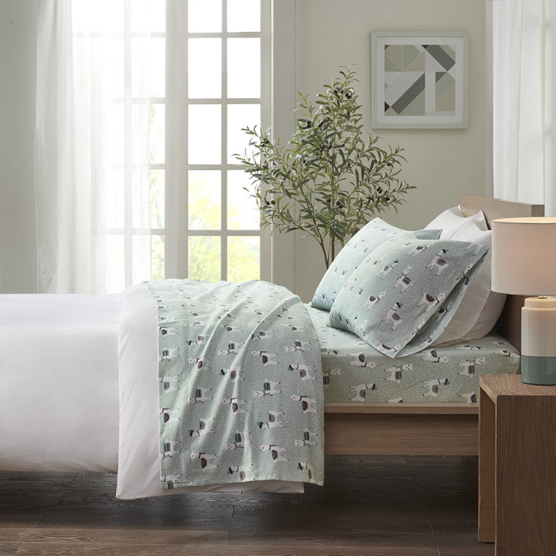 Cozy Flannel 100% Cotton Sheet Set, Queen Sheet Set with 2 Pillowcases, Seafoam Llama
