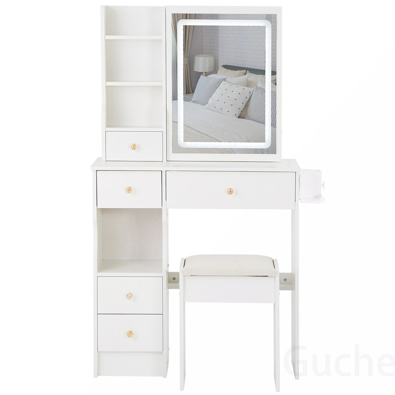 Compact and Functional Vanity Table Set with Advanced Features for Makeup and Dressing, White