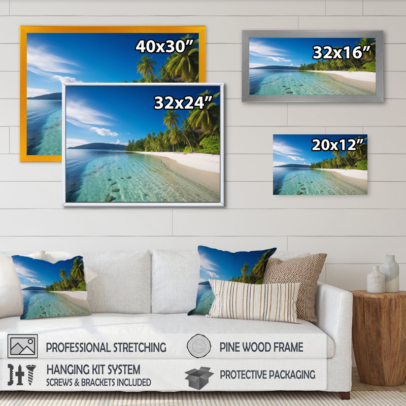 Océan bleu paradis - plage moderne, art mural, H 12 po x l 20 po x P 1 po, Cadre doré