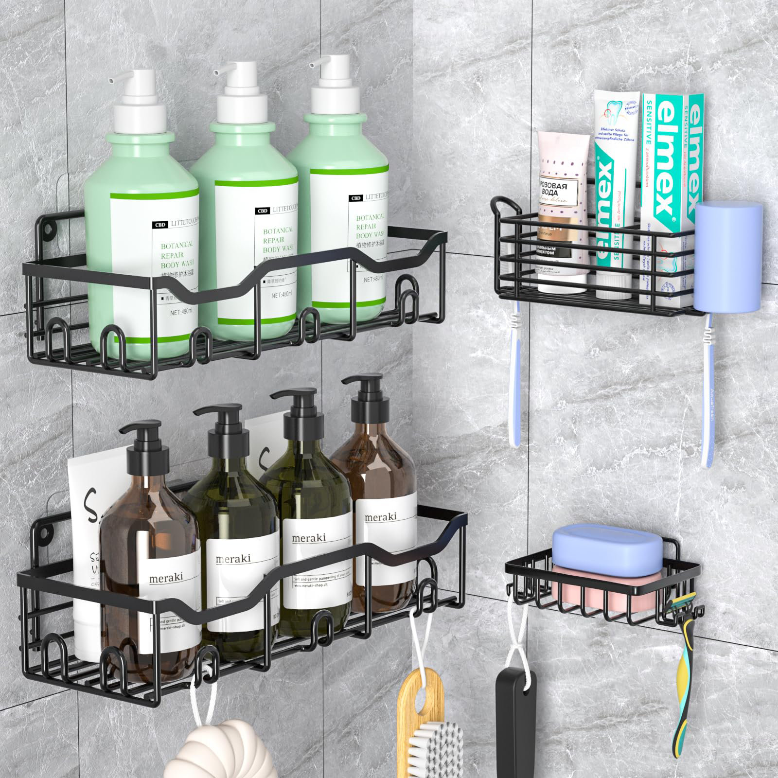 Rebrilliant Shower Caddy, 5 Packs Shower Organizers with 3 Shower Shelves 2 Soap Dishes & 6 Hooks, Stainless Steel Wall Rack Basket with Adhesives or Screws Mount