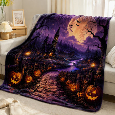Halloween Themed Throw Blanket, Spooky Haunted House Pumpkin Patch Scene, Cozy Plush Blanket for Sofa Couch Bedroom Living Room Home Decor