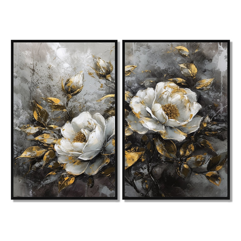 Roses blanches blanches - Art mural sur toile traditionnel orange 2 panneaux, H 36 po x l 48 po, Noir