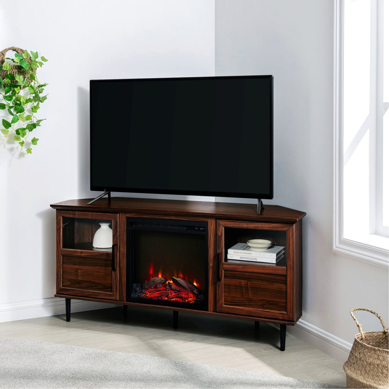 Meuble télé d'angle avec foyer, console multimédia, centre de divertissement
