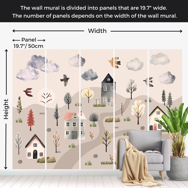 Papier peint mural pour enfants - Vallée scandinave aux couleurs pastel, L 78 po x L 55 po