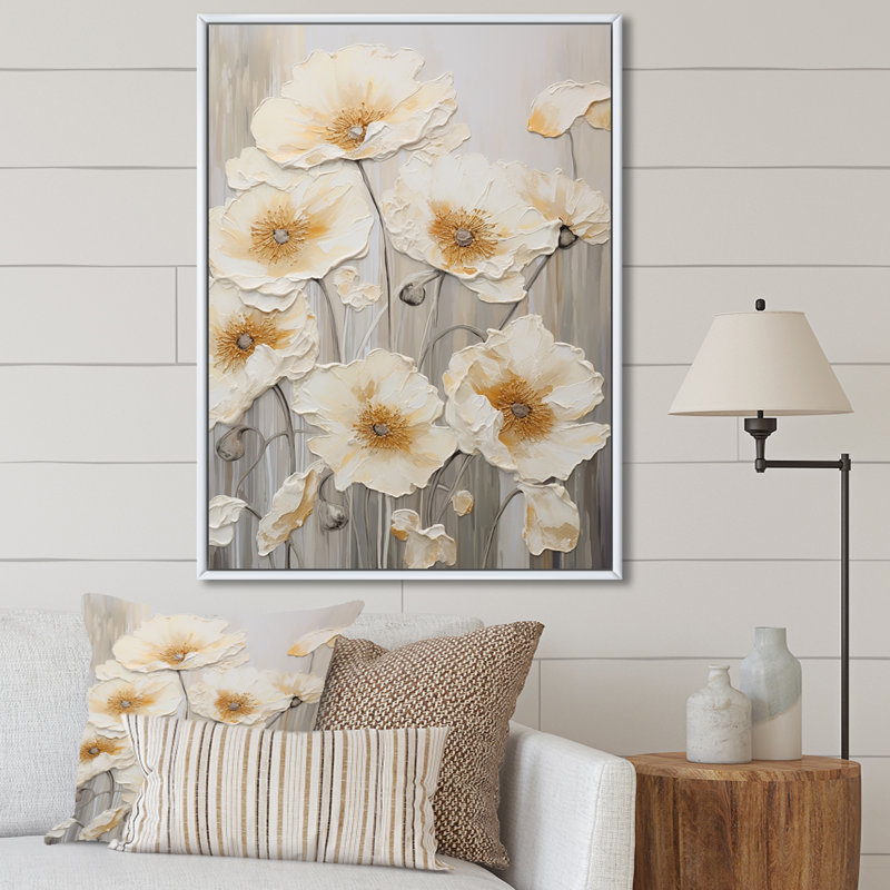 Buttercups Fields On Gray III sur toile, H 32 po x l 16 po x P 1 po, Cadre flottant blanc