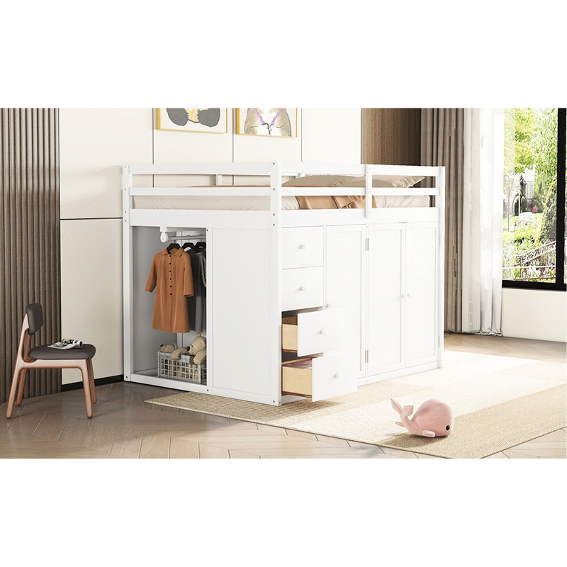Modern White Loft Bed With Integrated Cabinets And Drawers - Save Space In Your Bedroom Solid Wood Functional Wardrobes Elegant Addition