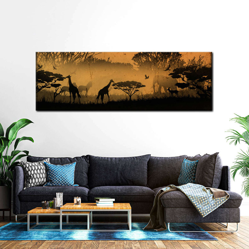 Silhouette d'animaux d'Afrique sur toile, H 8 po x l 24 po x P 1 po