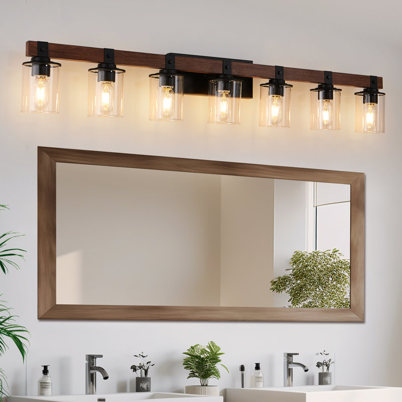 DAKAFUL 7-Light Dimmable Bathroom Vanity Light over Mirror with Wood and Glass Shade, 7