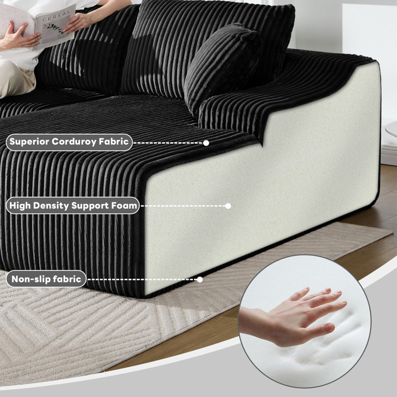 Modern Corduroy 2-Seater Compression  Sofa, Comfortable Upholstered Loveseat for Living Room Black Left Seat, Black Corduroy