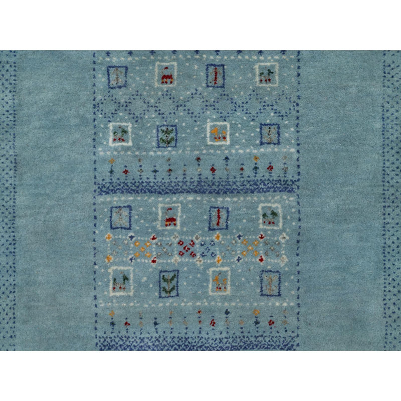 Tapis oriental noué à la main 3 pi x 5 pi 6 po bleu, Lori Buft Gabbeh avec figurines de petits animaux, moderne, épais et moelleux, 100% laine
