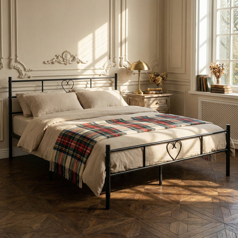 Aaru Heart Design Metal Bed Frame with Headboard & Footboard, Double (4'6), Black