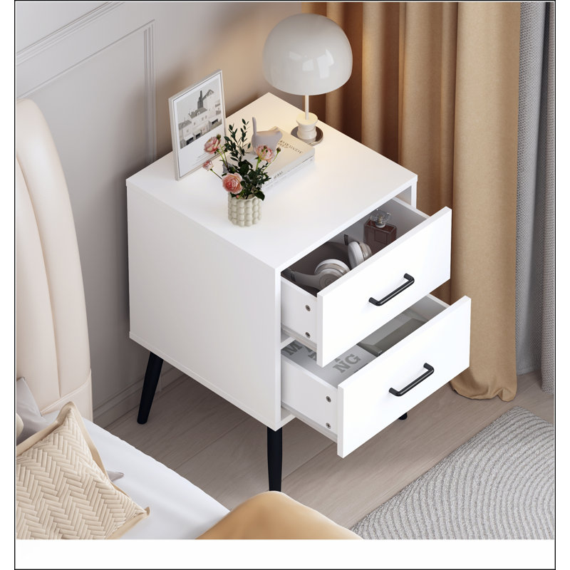 2-Drawer Nightstand With Metal Legs And Handles, Modern Minimalist Design For Compact Spaces