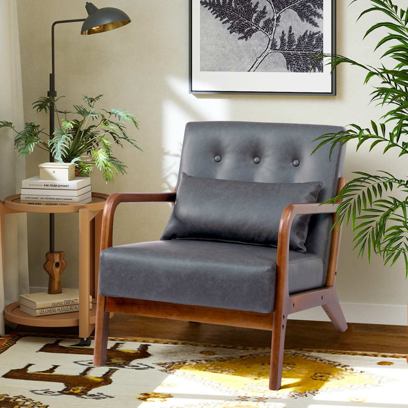 Walthill 63 cm Modern Scandinavian Solid Wood Armchair, Grey,  Faux Leather