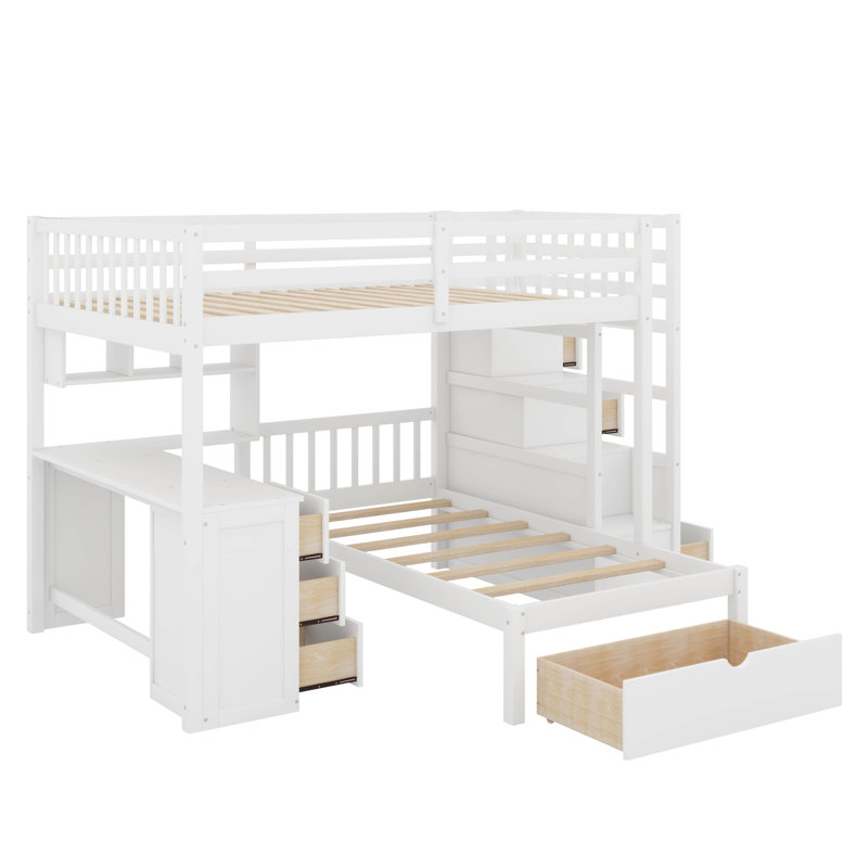 Lit superposé double au-dessus de simple avec tiroirs, bureau et tablettes, Blanc