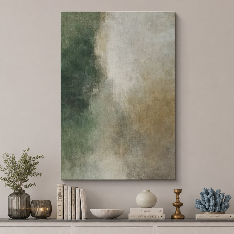 Deep Forest Green and Soft Neutral Fade for Modern Minimal Decor – Pictures Framed Canvas Print Wall Art, Wrapped Canvas