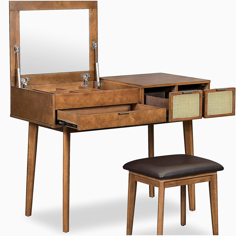 43.3" Classic Wood Makeup Vanity Set with Flip-top Mirror and Stool,Dressing Table with Three Drawers and Storage Space