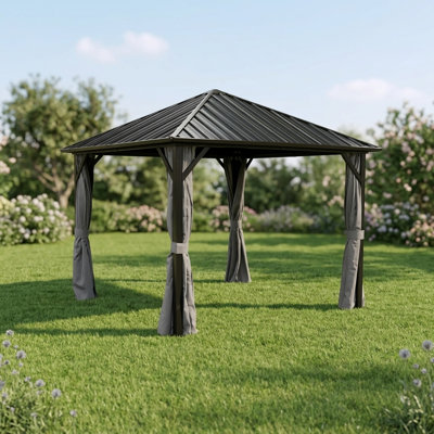 Permanent Outdoor Hardtop Gazebo Measuring 10 by 10 Feet, Aluminum Frame with Steel Canopy, Suitable for Patios, Gardens, and Backyards