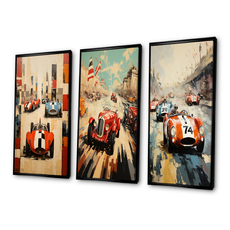 «Vintage Race Car Rally I» - ensemble de 3 reproductions d'art sur toile, Cadre flottant noir, H 32 po x l 48 po