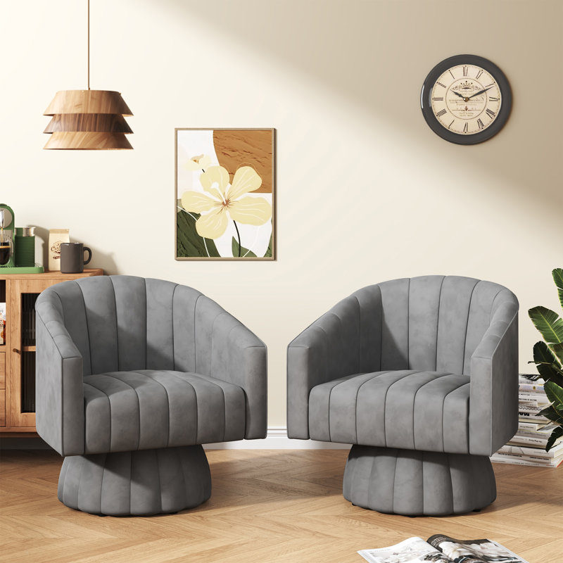 Ensemble de 2 fauteuils pivotants rembourrés surdimensionnés, Polyester gris