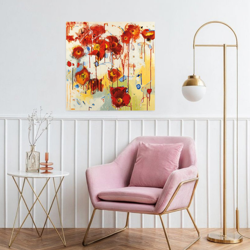 Art contemporain abstrait rouge coquelicot, H 32 po x l 32 po
