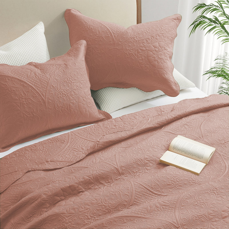 Floral Embossed Quilt Set, Peach, King Bedspread + 2 Standard Shams