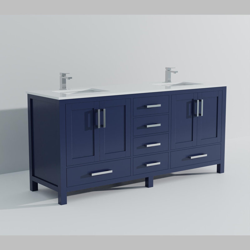 Ensemble de meuble-lavabo double avec plateau en marbre de culture et robinet, Marine